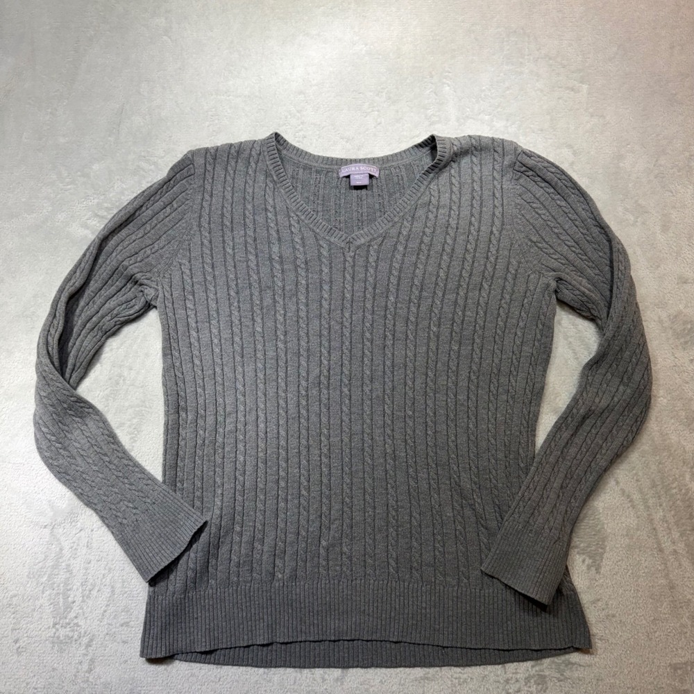 Gray Cable Knit V-Neck Sweater Long Sleeve Preppy Minimalist Charcoal Top M